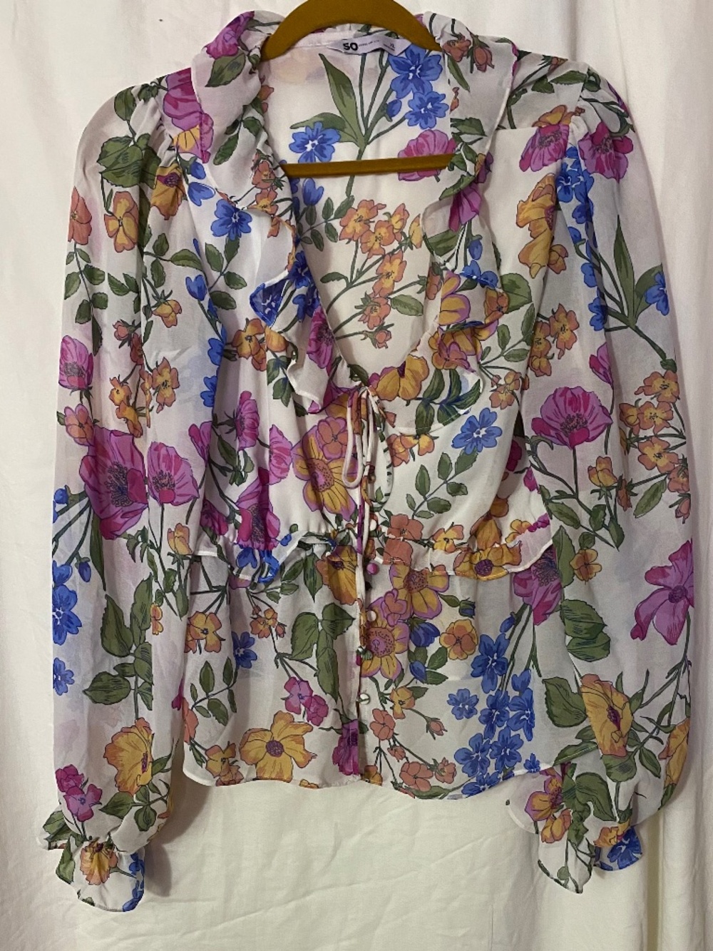 SO Floral Ruffle Tie Front Peplum Blouse White Multi XL Long Sleeve Top